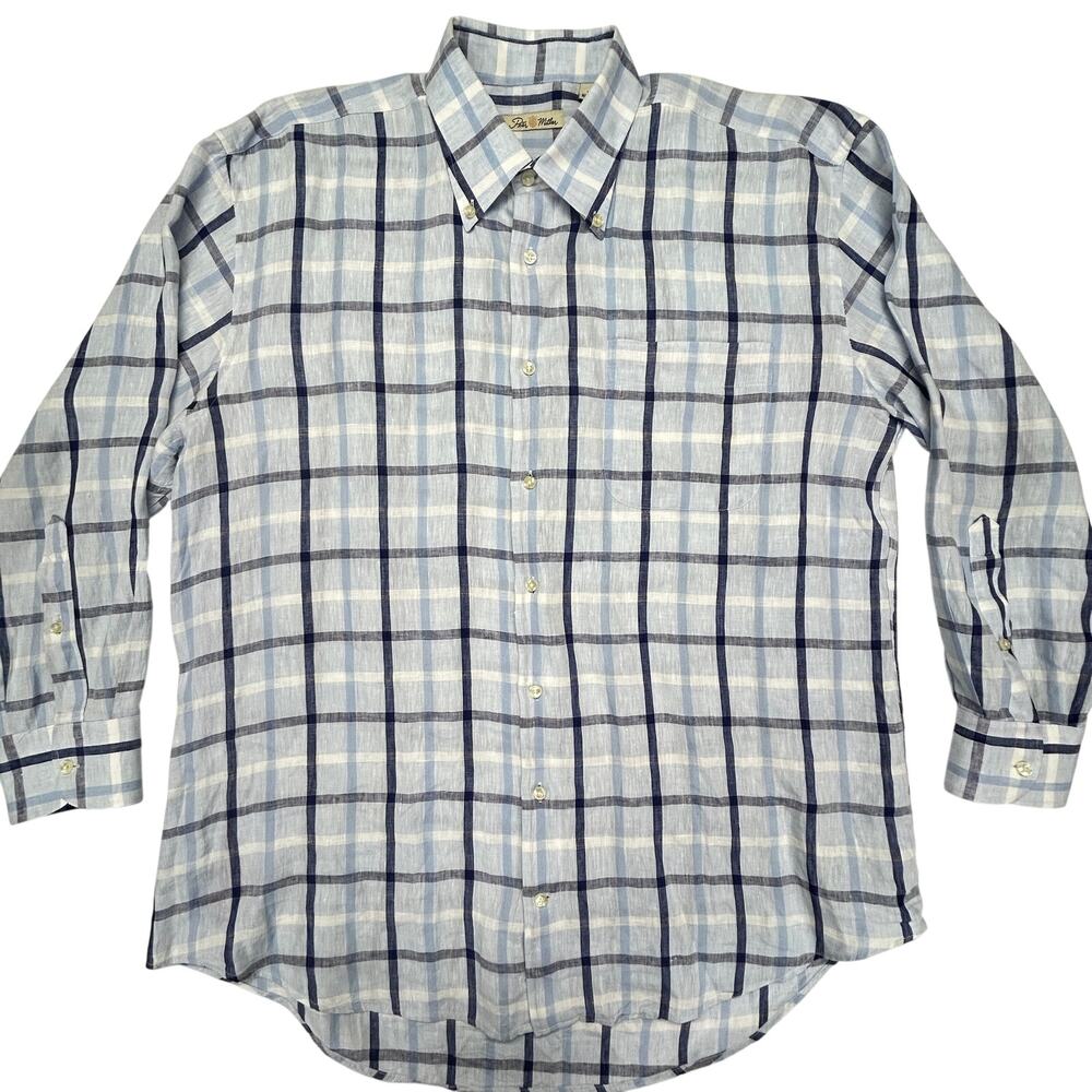 Peter Millar Mens L 100% Linen Blue White Plaid Button Down Front Pkt L/S Shirt